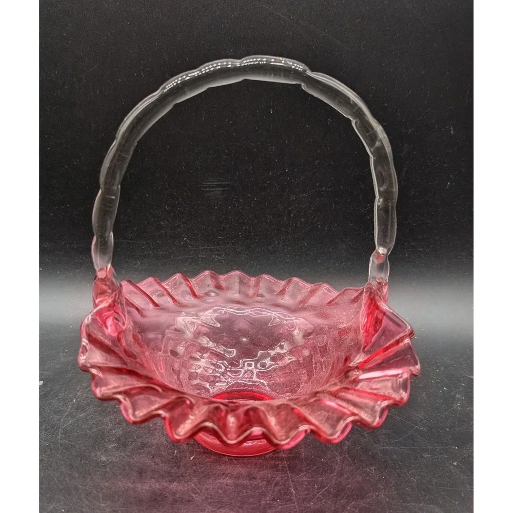 Vintage Cranberry Glass Basket Diamond Quilt Ruffled Rim Clear Thorn Handle Pink